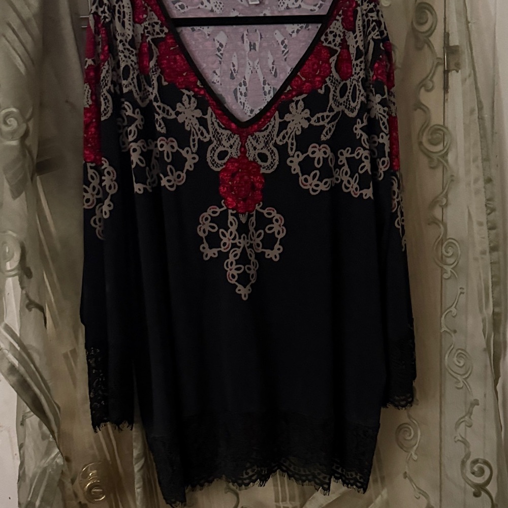 Avenue Black and Red, embellished Lace Blouse